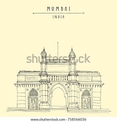 Gateway of India in Mumbai (Bombay), India. British time monument in Indo-Saracenic style, 20th century. Cityscape sketch. Travel art. Vintage hand drawn postcard in vector