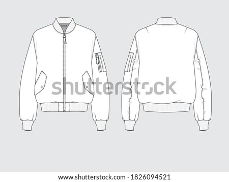 ma-1 flight bomber jacket, front and back, drawing flat sketches with vector illustration by sweettears