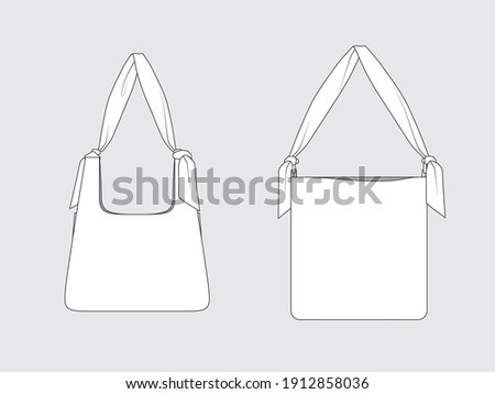 

scarf handle tote bag, front and back, drawing technical flat sketches of garments with vector illustration.