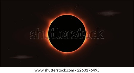 Total solar eclipse with meteorites and clouds on dark space background. Vector illustration.