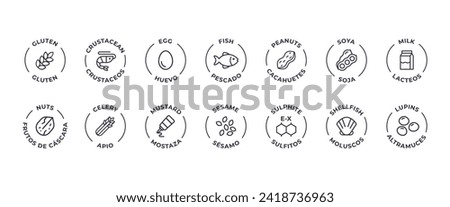 Isolated Vector Logo Set Badge Ingredient Warning Label. Allergens icons. Food Intolerance. The 14 allergens required to declare written in Spanish and English