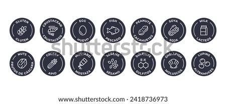 Isolated Vector Logo Set Badge Ingredient Warning Label. Allergens icons. Food Intolerance. The 14 allergens required to declare written in Spanish and English