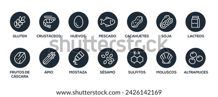 Isolated Vector Logo Set Badge Ingredient Warning Label. Black and white Allergens icons. Food Intolerance. The 14 allergens required to declare written in spanish.