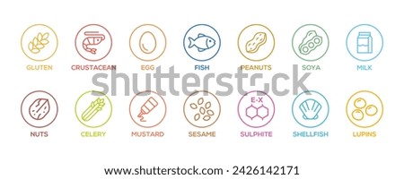 Simple Isolated Vector Logo Set Badge Ingredient Warning Label. Colorful Allergens icons. Food Intolerance. The 14 allergens required to declare written in english