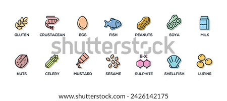 Simple Isolated Vector Logo Set Badge Ingredient Warning Label. Colorful Allergens icons. Food Intolerance. The 14 allergens required to declare written in English