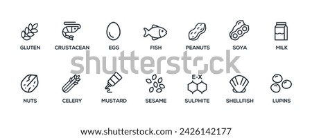 Simple Isolated Vector Logo Set Badge Ingredient Warning Label. Black and white Allergens icons. Food Intolerance. The 14 allergens required to declare written in english