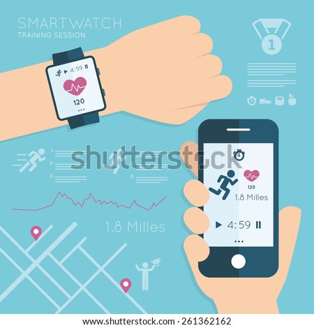 Wearable. Vector running app on the screen of mobile phone and smartwatch. Modern technology equipment for monitoring the health - illustration in flat style