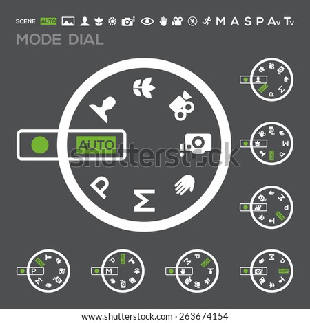 Icon Camera mode dial Set: Auto mode, Program mode, Manual mode, Portrait mode, Sports mode, Landscape mode, Macro mode... in vector. Black background.