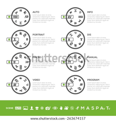 Info Camera mode dial Set: Auto mode, Program mode, Manual mode, Portrait mode, Sports mode, Landscape mode, Macro mode... in vector. White background.