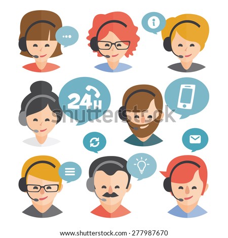 Call center operator with headset web icon design. Call center avatar set. Client services and communication, customer support, phone assistance, information, solutions. Vector