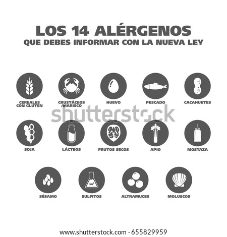 Isolated Vector Logo Set Badge Ingredient Warning Label. Black and white Allergens icons. Food Intolerance. 'The 14 allergens you should report with the new law' written in Spanish Foto stock © 