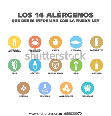 Isolated Vector Logo Set Badge Ingredient Warning Label. Colorful Allergens icons. Food Intolerance. 'The 14 allergens you should report with the new law' written in Spanish Foto stock © 