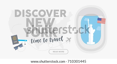 Discover New York. Time to travel. World travel and tourism concept flat vector. Plane window banner