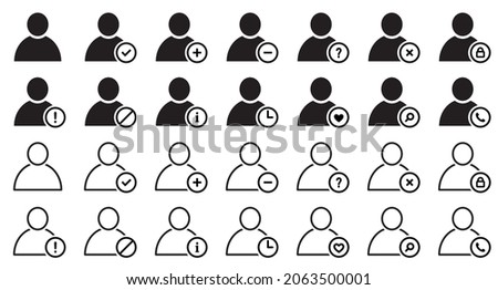 Set of users icons with many different actions. People silhouettes collection. Plus, minus, delete, error, search, block. One person symbols, status check. Vector illustration.