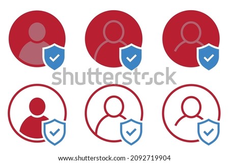 Set of user accept icons or account protection. Avatar check symbol. Account sign. Shield with person silhouette in circle. Authentication security. Privacy vector.