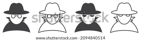 Set of icons, spy or agent. Detective with hat. Fraud, anonymity, spy sign vector. Incognito logo.