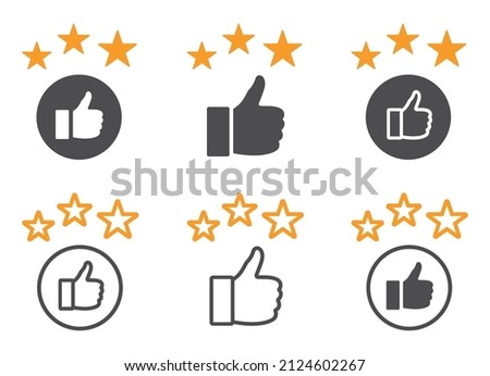 Set of thumb up icons and star. Thumb up with three stars, recommendation. Customer satisfaction symbols. Positive feedback sign. Vector.