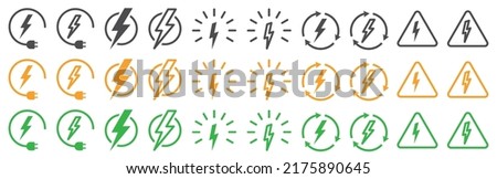 Set of lightning bolt icons. Electricity and voltage signs. Electric power logo, energy symbol. Flash symbol. Thunder bolt. Vector illustration.