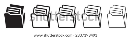 Set of file folder icon. Document in folder, data folder. Opened folder symbol, file document archive icon. Vector.