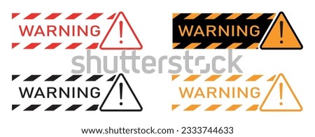 Set of warning signs, exclamation mark, warning tape, striped ribbon. Black and yellow warning line striped, triangle hazard sign. Vector illustration.