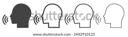 Set of voice control icons. Podcaster symbol, talking command, sound commander. Talk or talking person sign, man with open mouth. Speech icon for interview, vector.