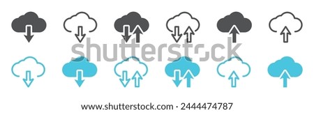 Set of icons clouds with arrow. Cloud download and upload, cloud with arrow up and down, cloud service symbol. Vector. EPS10.