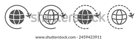 Set of travel icon with plane and planet. World or international travel, airplane fly around the earth. Globe symbol, planet earth. Vector. EPS10.