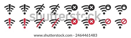 Set of no Wi-Fi signal icons. Signal strength Wi-Fi, network connection error, connection lost, ban, signs. Wireless connection symbols. Disconnected. Vector. EPS10.