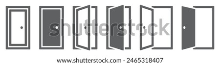 Set of doors icons. Opened and closed door silhouette. Interior or office doors. Vector.