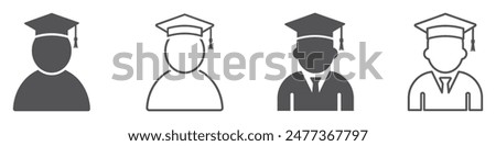 Set of students icons. Graduate icon, graduated student symbol. Graduate student boy in square hat or graduation academic wear. Vector illustration.