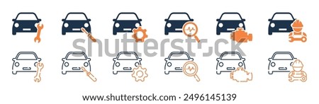 Set of car repair icons. Auto service symbols, garage, repair cars, wrench, screwdriver, gear, mechanic, check engine, diagnostic. Vector. EPS10.