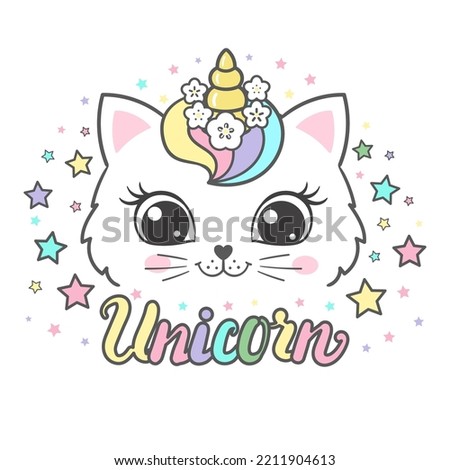 The muzzle of a unicorn cat with a rainbow mane and a wreath of flowers. Unicorn slogan. For children's design of t-shirt prints, posters, cards, stickers and so on. Vector