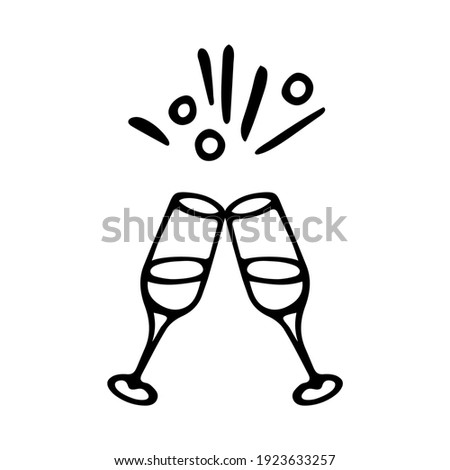 Champagne glasses clinking together. Doodle hand drawn vector illustration isolated on white background.