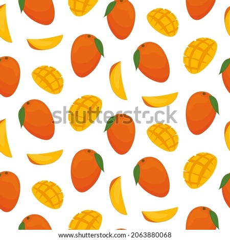 Mango and mango slices, vector seamless pattern. Bright pieces of delicious fruit. Design for kitchen textiles, greeting cards, menu covers, web pages.