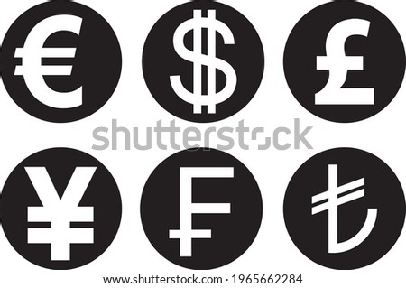 Currencies icon set vector. Currency signs symbols. Euro, dollar, sterlin, Japanese Yen, TL, Swiss Frank