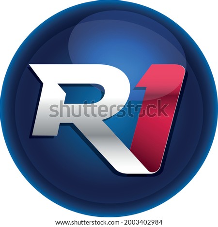 R letter and number one icon in a blue shiny circle. One blue sphere logo.