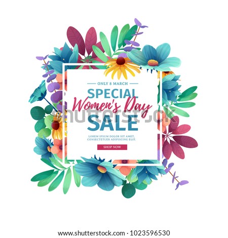 Banner for sale International  Happy Women's Day on flower background. Flyer for March 8 with the decor of floral. Invitations with square frame and flower for offer and discount. Vector.
