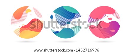 Set of abstract modern graphic circle elements. Dynamical colored around forms and line. Gradient abstract background  flowing liquid shapes. Template for the design of a flyer, presentation. Vector.