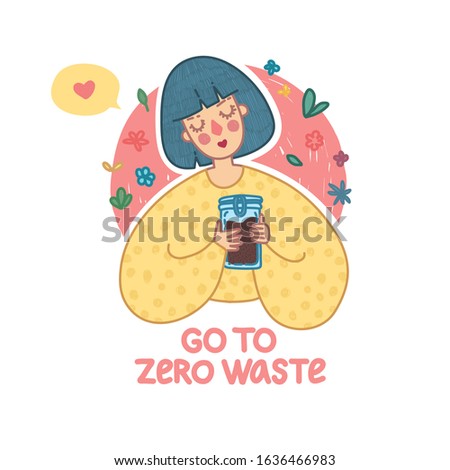 Zero waste lifestyle banner. Eco friendly concept with cute girl character. Woman with reusable glass jar for shopping. Less plastic. Cartoon doodle style illustration with ecology idea. Vector