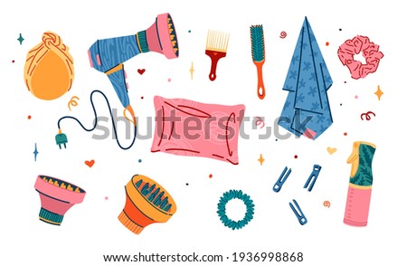 Set of hair accessorise of barbershop. Illustration of silk pillowcase, silk towel, satin hair band. Turban for hair care in the bathroom. Hair dryer, clips and comb. Curly girl method. Vector. 