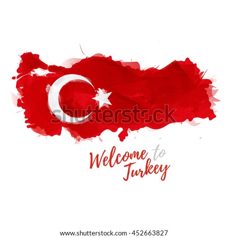 Symbol, poster, banner Turkey. Map of Turkey with the decoration of the national flag. Style watercolor drawing. Turkish map with national flag. Vector.