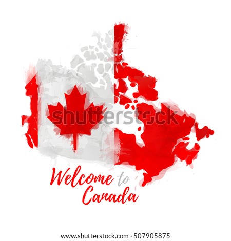 Symbol, poster, banner Canada. Map of Canada with the decoration of the national flag. Style watercolor drawing. Canadian flag with national flag. Vector.