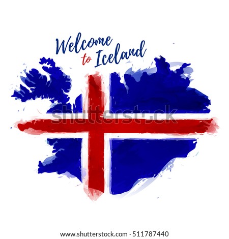 Symbol, poster, banner Iceland. Map of Iceland with the decoration of the national flag. Style watercolor drawing. Iceland map with national flag. Vector.
