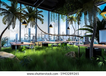 workplaces with computers in a loft open office overgrown by jungle rainforest plants; panoramic skyline city view; conceptual green sustainable company; 3D Illustration