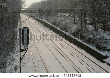 a perspective view of the railroad tracks in winter