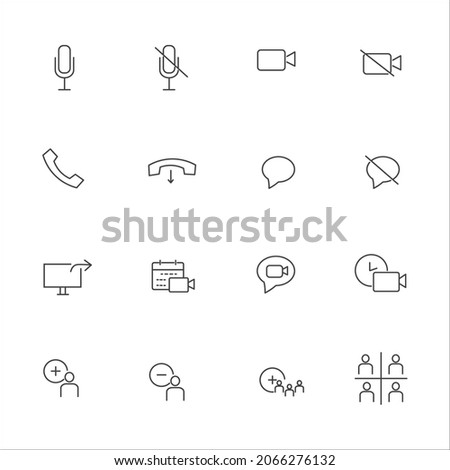 Simple Set of Video Conference Interface Related Vector Line Icons. Contains such Icons as Share Screen, Mute Button, Switch to Presenter View and more. 