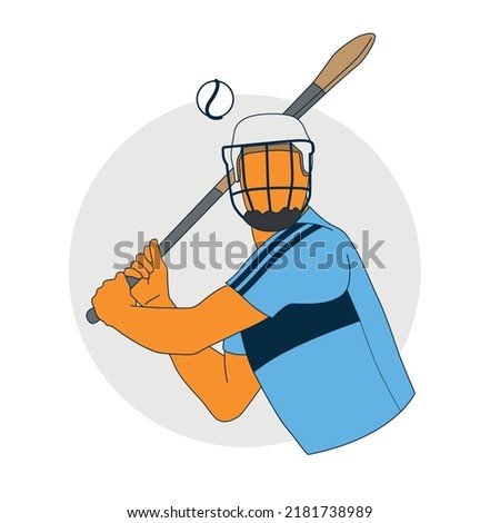 Illustration of Irish hurling player prepare to hit a sliotar ball with a hurl wooden bat. Traditional sport played in Ireland. Celtic and Gaelic sport.