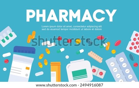 Pharmacy medical concept. various types of health medicines and vitamins, pills, capsules. Health illustration in flat style.