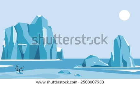  illustration of iceberg scenery with cold air, in flat cartoon style