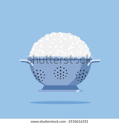 iron colander icon logo with white rice, cooking utensil strainer illustration. suitable for poster and web icon